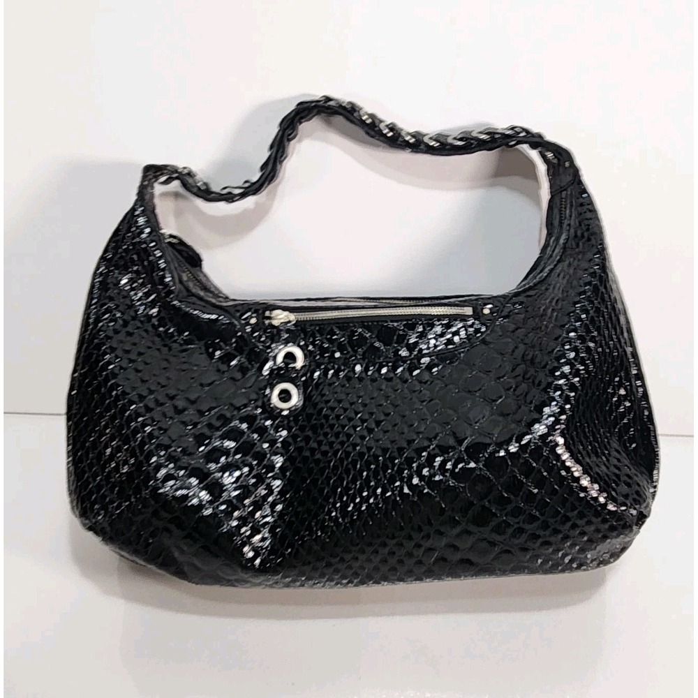 Jessica Simpson Womens Croc Embossed Faux Leather Shoulder Handbag Black